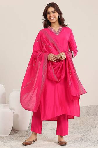 yoke design v neck kurta with trousers & dupatta