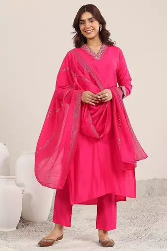 yoke design v neck kurta with trousers & dupatta