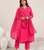 yoke design v neck kurta with trousers & dupatta