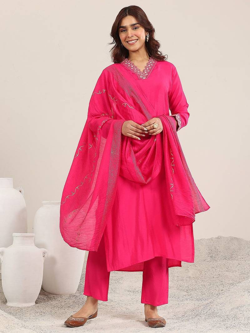 yoke design v neck kurta with trousers & dupatta