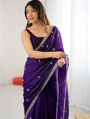 Purple purple satin ethnic embellished festive wear matching blouse sarees 3