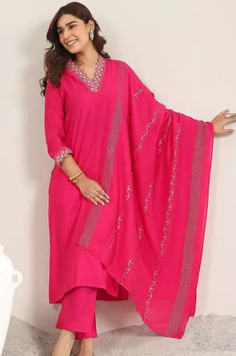 yoke design v neck kurta with trousers & dupatta