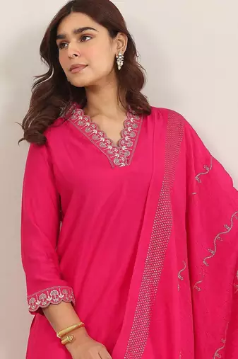 yoke design v neck kurta with trousers & dupatta