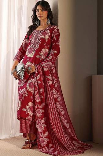 women floral printed regular thread work kurta with trousers & with dupatta