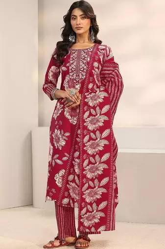 women floral printed regular thread work kurta with trousers & with dupatta