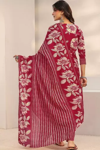 women floral printed regular thread work kurta with trousers & with dupatta
