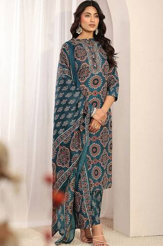 women ethnic motifs printed regular thread work kurta with trousers & with dupatta