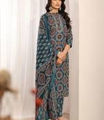 women ethnic motifs printed regular thread work kurta with trousers & with dupatta