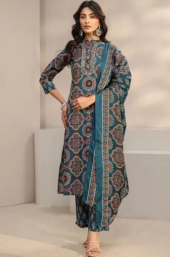 women ethnic motifs printed regular thread work kurta with trousers & with dupatta