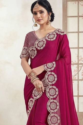 Magenta embellished sequinned satin designer saree