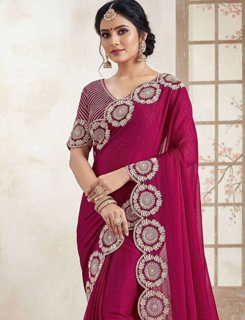 Magenta embellished sequinned satin designer saree