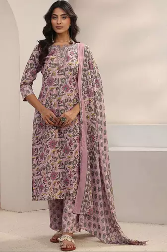 women floral printed regular thread work kurta with trousers & with dupatta