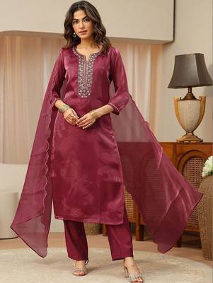 libas maroon yoke design tissue straight suit set 1