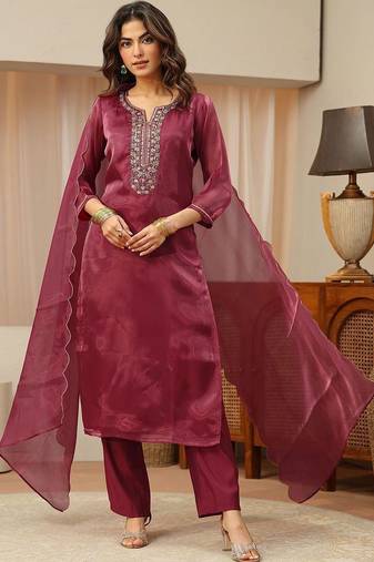 libas maroon yoke design tissue straight suit set