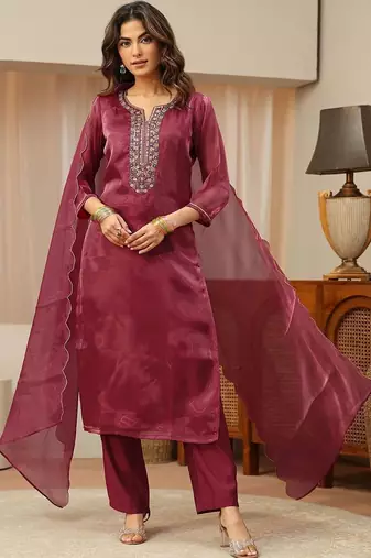 libas maroon yoke design tissue straight suit set
