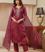 libas maroon yoke design tissue straight suit set