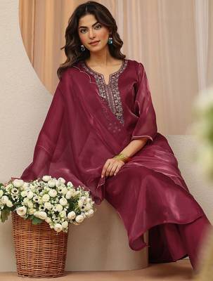 libas maroon yoke design tissue straight suit set 2