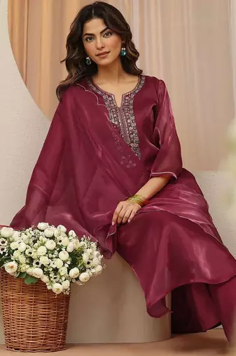 libas maroon yoke design tissue straight suit set