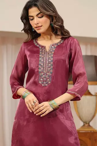 libas maroon yoke design tissue straight suit set