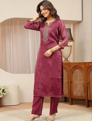 libas maroon yoke design tissue straight suit set 4