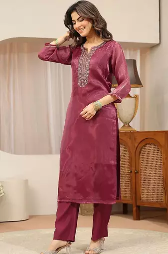 libas maroon yoke design tissue straight suit set