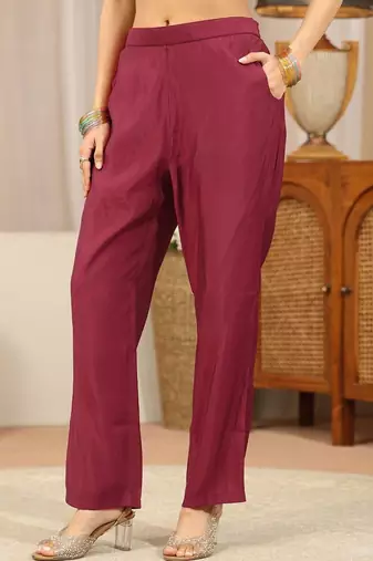 libas maroon yoke design tissue straight suit set