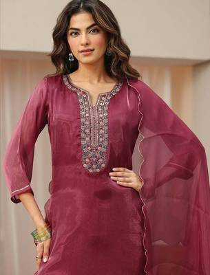 libas maroon yoke design tissue straight suit set 6