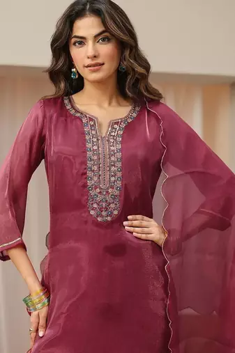 libas maroon yoke design tissue straight suit set