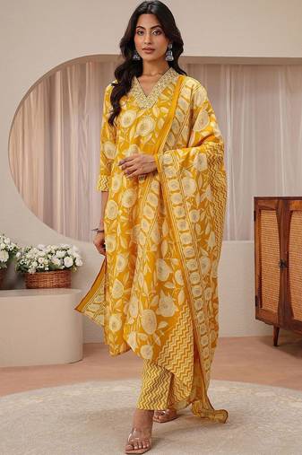 libas mustard floral printed straight suit set