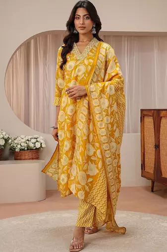 libas mustard floral printed straight suit set