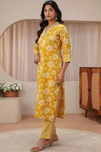 libas mustard floral printed straight suit set
