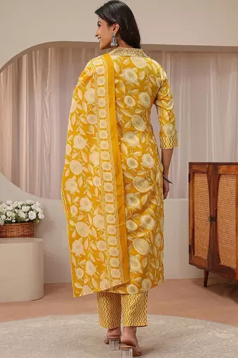 libas mustard floral printed straight suit set