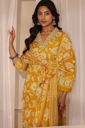 libas mustard floral printed straight suit set