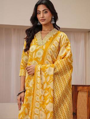 libas mustard floral printed straight suit set 5