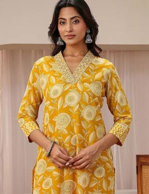 libas mustard floral printed straight suit set 6
