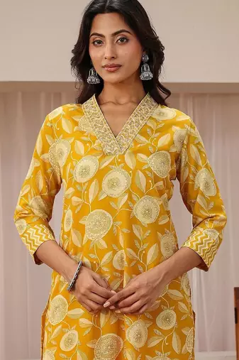 libas mustard floral printed straight suit set