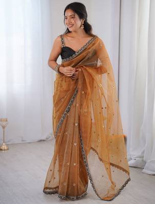 Gold embellished sequinned net designer saree 2