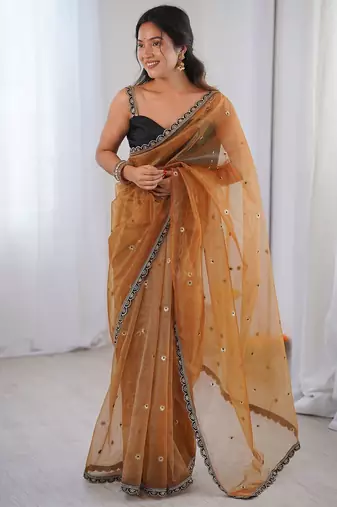 Gold embellished sequinned net designer saree