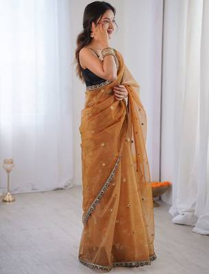 Gold embellished sequinned net designer saree 3