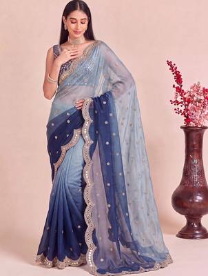 Blue ombre mirror work tissue designer saree 1