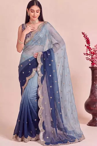 Blue ombre mirror work tissue designer saree