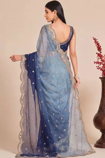 Blue ombre mirror work tissue designer saree