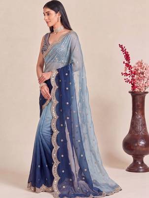 Blue ombre mirror work tissue designer saree 3
