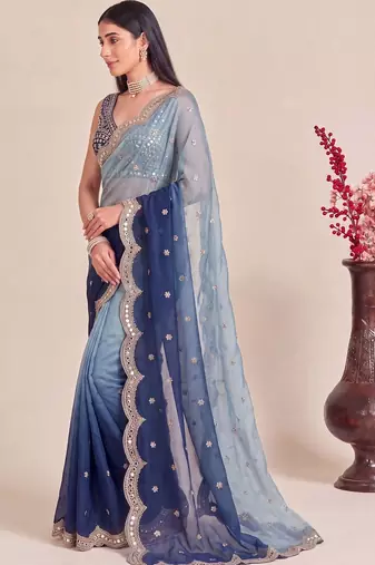 Blue ombre mirror work tissue designer saree