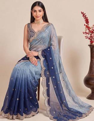 Blue ombre mirror work tissue designer saree 4