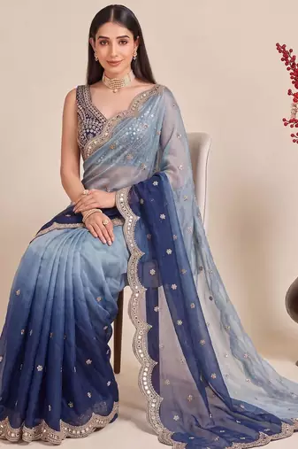 Blue ombre mirror work tissue designer saree