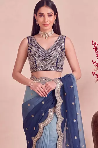 Blue ombre mirror work tissue designer saree
