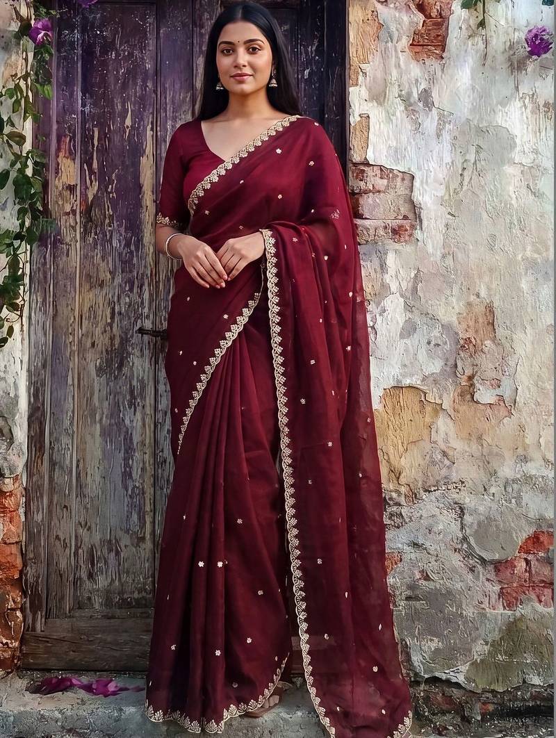 Maroon tissue designer saree