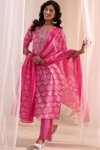 women ethnic motifs printed regular kurta with trousers & with dupatta