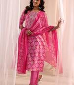 women ethnic motifs printed regular kurta with trousers & with dupatta